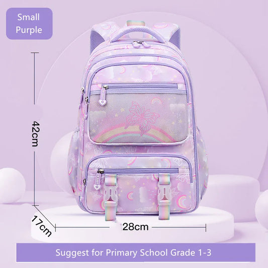 School Backpack for Elementary Students - Purple Bookbag for Girls with Ample Capacity - Rainbow-Colored Bag for Books, a Great Gift for Children